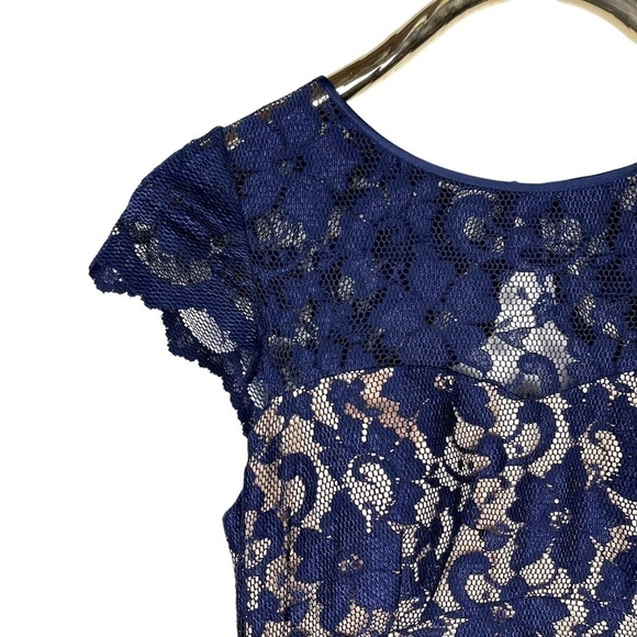 ELIZA J LACE ILLUSION YOKE FLORAL LACE CAP SLEEVE KEYHOLE RUCHED MAXI DRESS GOWN - Picture 12 of 14